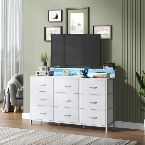 Image of NEWBULIG Wooden Top Media Console for 32-52 inch Dresser TV Stand with 9 Fabric Drawers & Open Shelves, Entertainment Center with LED Lights & Charging Station for Bedroom, White