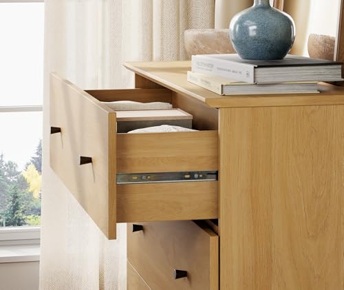 Image of WAMPAT 71 inch Tall Bookcase with 9 Drawers & Open Shelves, 3 Column Modern 3-Tier Bookshelf with Adjustable Shelf, 106 inch Wide Wooden Display Book Shelf for Home Office, Living Room, Bedroom, Oak