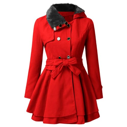 Winter Women's Fashion Trench Coat Lapel Wool Double Breasted Casual Belted Pea Coat with Warm Coat