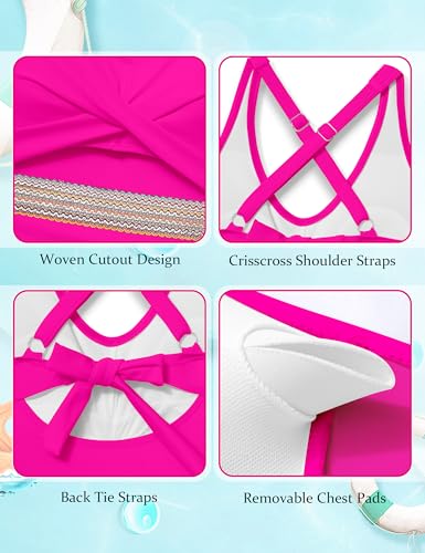 Image of Girls Swimsuit Criss Cross Cutout One Piece Bathing Suit Color Block V Neck Back Tie Swimwear 9-16Y
