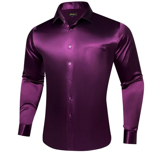DiBanGu Mens Long Sleeve Button Down Shirt,Satin Shiny Dress Shirt for Men Solid Regular Fit Shirts with Pocket Wedding Party3