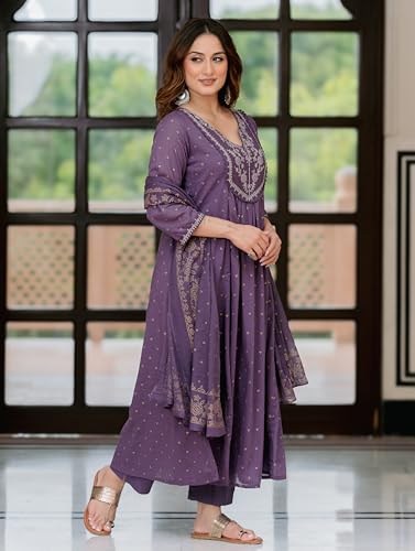 Image of Arayna Women's 100% Pure Cotton Anarkali Kurta Set with Pant & Dupatta | Embroidered Flared Kurta | Elegant Ethnic Suit