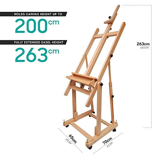 Mont Marte Tilting Studio Wooden Floor Easel. Height Adjustable Extra Large H-Frame Featuring A Large Tilt Range. Castor Wheels Allow Easy Movement And Can Be Locked Into Place. #TOP2