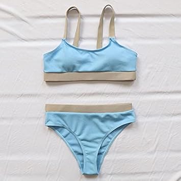 Bikini de Cintura Alta Traje de baño 2021 Traje de baño Bandeau Costura de Mujer Biquini Ropa de Traje de baño Deportivo Acanalado Nuevo - Azul Cielo, M : Amazon.es: Moda
