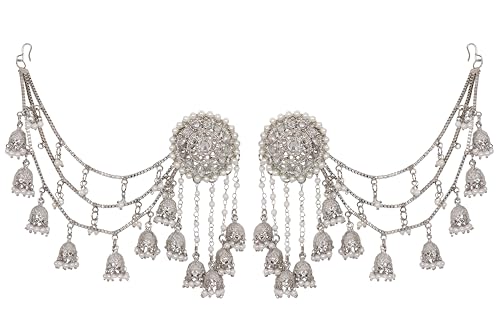Silver Polish Bahubali with Kaan Chain Earrings Ethnic Bollywood Jewelry Traditional Bahubali Indian Partywear Jhumka Chandbali Wedding Earrings