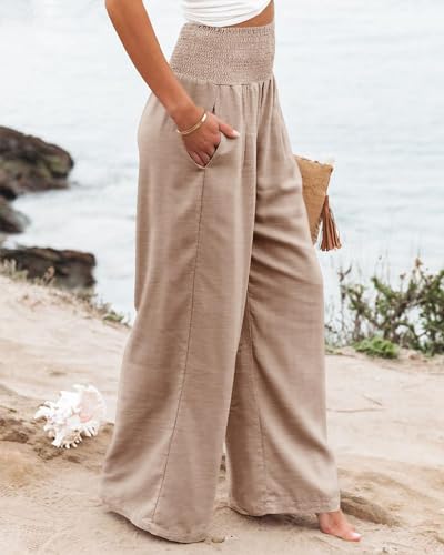 PrinStory Womens Summer Mix Cotton Linen Palazzo Pants High Waisted Wide Leg Long Lounge Trousers with Pocket4
