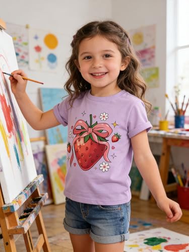 Funnycokid Little Girls Shirt 3T 4T Toddler Purple Tees Strawberry Animal Children Cute T-Shirt Graphic Short Sleeve Tops Clothes — view 3