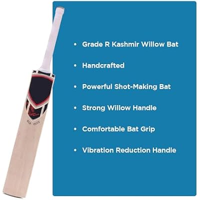 KLR Plus Kashmir Willow Cricket Bat, Handcrafted Grade R Willow with Web Tape Front  Sticker Back Kashmir Willow Handle, Red and Black, Large