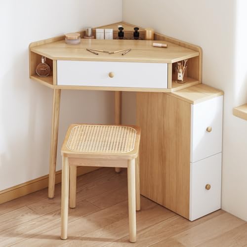 POWRZZZY Corner Vanity Desk for Bedroom,White Vanity Dressing Table Set,with