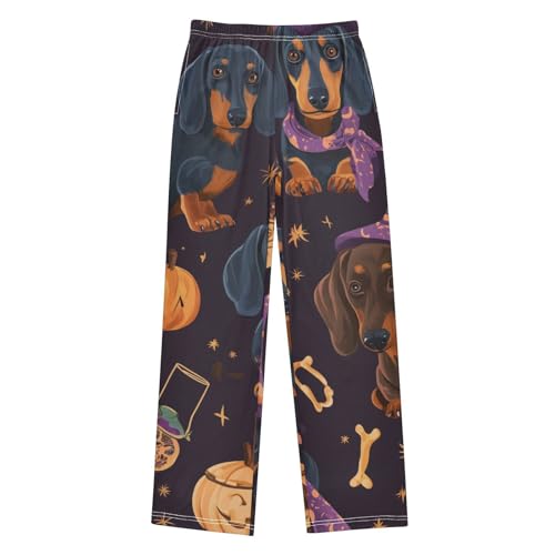 Halloween Pumpkin Dachshun Boys Long Pants Soft Trousers Elastic Waist Kids Lounge Bottoms with Pockets S-XL