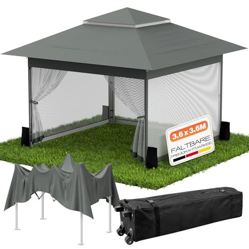 Huracan Pop Up Pavillon 3 6x3 6 Wasserdicht Stabil Winterfest Faltpavillon Garten mit 4 Moskitonetz Seitenteilen und Sandsäcke Höhenverstellbar Gartenpavillon Doppeldach Gartenzelt Anthrazit