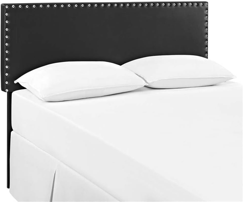 Pemberly Row King Upholstered Headboard, Vinyl and Solid Wood, Black Finish, Silver Nail Button Trim, Dense Foam Padding, Adjustable Legs, 79.5 in Wide, Bedroom Use