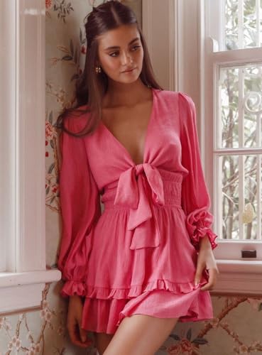 Image of AlvaQ Summer Dresses for Women Spring Long Sleeve A Line Ruffle Short Mini Dress V Neck Knot Front Swing Beach Sundress Rose X-Small