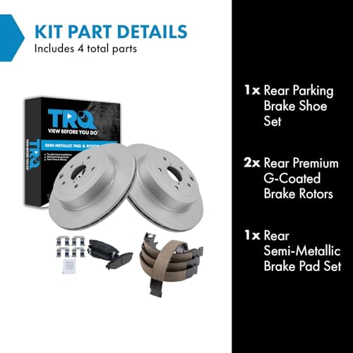 Image of TRQ Rear Brake Pad and Rotor Set Semi Metallic G Coated Rotors Parking Brake Shoe Compatible with 2008-2013 Subaru Impreza