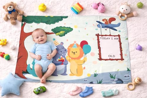 Image of Growth Keepsake Baby Blanket 51 * 43 Inch Jungle Theme Monthly Age Marker Blanket Cute Animal Party Printed Background Washable Foldable Play Mat for Infants