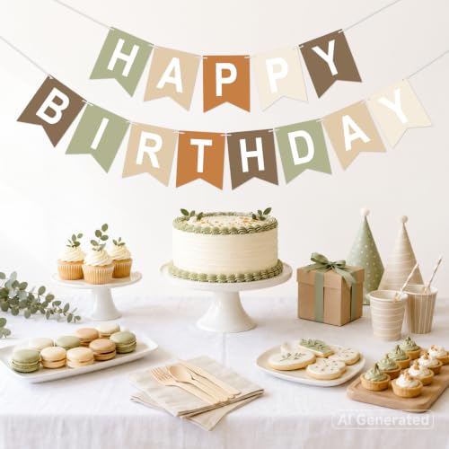 Image of Happy Birthday Banner Party Banner NO DIY Birthday Sign Brown Green White