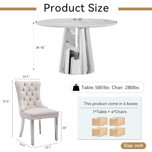 Image of 5-Piece Round Dining Table Set for 4, Modern Faux Marble Kitchen Table and Beige Velvet Chairs Set of 4, Luxury 45 inch Circle White Silver Dining Room Tables with Stainless Steel Base