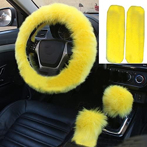 YSLSLOO 1 Set 5 Pcs Fluffy Steering Wheel Cover Set & Handbrake Cover & Gear Shift Cover Set & Seat Belt Shoulder Pads Car Interior Furry Steering Wheel Covers Fit for 15 Inch (Yellow)