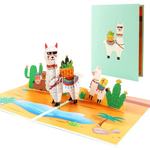 DORAFIORA® Pop-Up Karte Alpaka Party – Handgemachte 3D Geburtstagskarte mit süßem Lama Motiv | Lustige Grußkarte für Kinder & Erwachsene | Pop Up Geschenkidee inkl. Umschlag