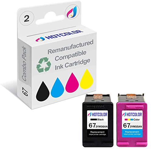 HOTCOLOR Re-Manufactured Ink Cartridge Replacement for HP 67 for Envy 6058 6075 Deskjet 2732 2755 DeskJet Plus 4140 4152 4155 4158(1 Black/1 Tri-Color, 2Pack)