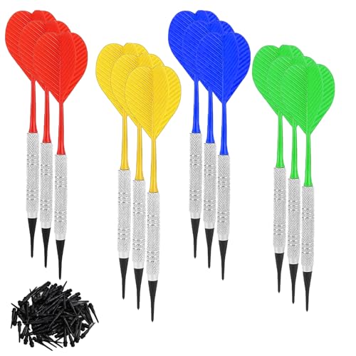 aghoer Dardos de 12 Piezas con Puntas de plástico, Juego de Dardos Blandos portátiles con 100 Puntas de Dardos de plástico, 4 Colores, Dardos Profesionales duraderos