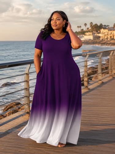 Image of PinkPatty Women's Plus Size Maxi Dresses Short Sleeve Sundress Summer T-Shirt Beach Long Dress with Pockets