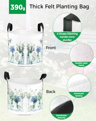 Plant Grow Bag Spring Flower Green Eucalyptus Leaves 5 Gallon Grow Bags,Fabric Breathable Graden Plant Pots with Handles, Hydrangea Floral Still Life Flower Grow Bag for Tomato Vegetable Flower - Thumbnail 4