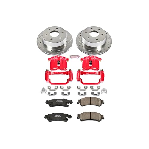 Image of PowerStop Rear Brake Kit for Chevrolet Silverado 1500 2003-06 |Silverado 1500 Classic 2007 - Carbon-Fiber Ceramic Brake Pads + Drilled & Slotted Rotors + Red Powder Coated Calipers, KC2018A