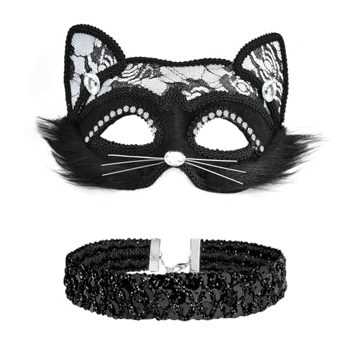 Máscara de gato de Halloween, anti-face de gato preto com lantejoulas colar, máscara veneziana cosplay sexy anti-face carnaval, anti-face preto gato para o Halloween carnaval
