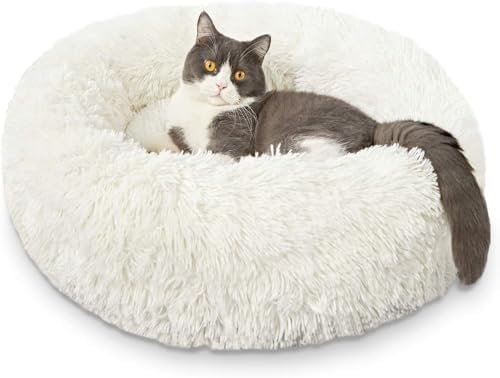 Cat Beds for Indoor Cats - Cat Bed Washable 24 inches, Dog Beds for Small Medium Dogs, Anti Anxiety Round Fluffy Plush Faux Fur Pet Bed, Thick Bottom