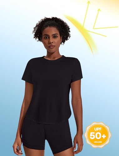 Pinspark Womens Uv Protection Workout T-Shirts Short Sleeve Loose Fit Yoga Top Moisture Wicking Sports Tee Shirts Black M thumb #1