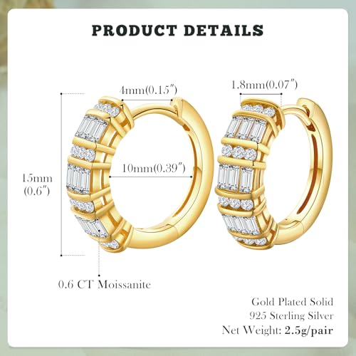 Emerald Cut Moissanite Hoop Earrings for Women 14K Gold Plated/925 Sterling Silver 15mm/21mm Huggie hoop Earrings Anniversary Valentine's Day Christmas Jewelry(with Box)4