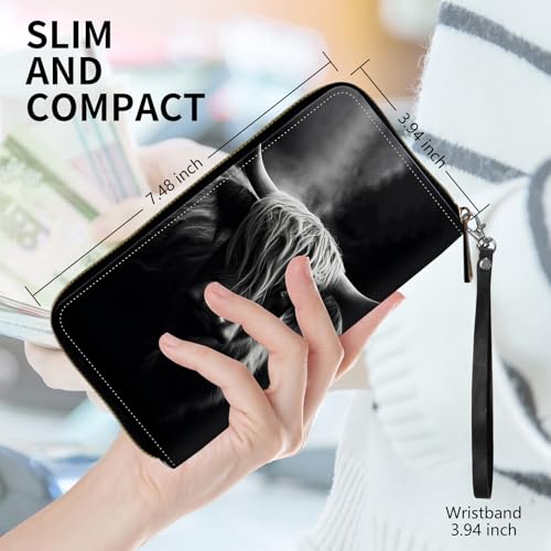 Womens Wallet, PU Leather RFID Cute Wristlet Wallets for Girls Women Ladies Purse Large Credit Card Clutch Purse Card Holder Coin Pocket Travel Wallets with Zipper, Highland Cow Black2