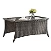 HUMMUH Outdoor Coffee Table Patio Rattan Patio Side Table Built in Black Glass Top PE Wicker Rectangle Sofa Table Dark Brown