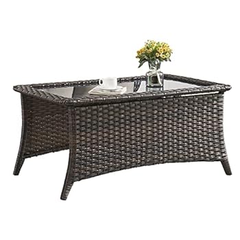 Alternative view of HUMMUH Outdoor Coffee Table Patio Rattan Patio Side Table Built-in Black Glass Top PE Wicker Rectangle Sofa Table Dark Brown