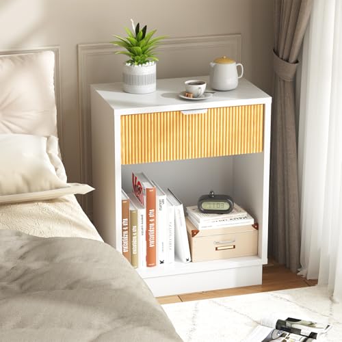 Image of Fluted Night Stand Set 2, Large Wood Bedside Table Set of 2 Nightstands Set of 2 with Drawer and Storage Shelf for Bedroom, Small Spaces