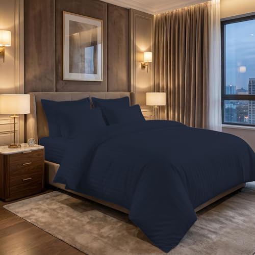 Image of LINENWALAS Cotton 300 Thread Count King Size Bedsheet Set | 2 cm Sateen Stripe Design | Cloud-Soft, Breathable & Skin-Safe | Oeko-TEX Certified Hotel-Style Bedding (108 x 108, Navy Blue)