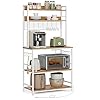 VASAGLE Hutch Bakers Rack with Power Outlet, 14 Hooks Microwave Stand, Adjustable Coffee Bar with Metal Wire Panel, Kitchen Storage Shelf, 15.7 x 31.5 x 66.9 Inches, Rustic Walnut and White KKS025W41
