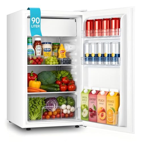 FOHERE Kühlschrank mit Gefrierfach 90L Mini Kühlschrank Klein 7 Einstellbare Temperaturregelung Energieeffizient und Ultra-Leiser für Studentenwohnheim/Büro Weiß