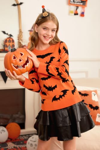 Image of Girls Halloween Pattern Knit Sweater Funny Pullover Y2K 6-14 Years