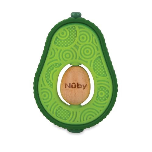 Image of Nuby 100% Silicone and Wood Baby Teether - Avocado-Shaped Teething Toy - Soft Textured Gum Massager - Easy-Grip Infant Teether Toy - 3+ Months