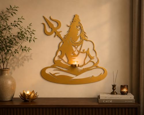 Image of Shiva Wall Decor with Tealight Candle Holder | Gold Powder Coated Iron Wall Art | Metal Wall Hanging for Living Room, Bedroom, Mandir & Home Decoration | 17.75 x 18 Inch
