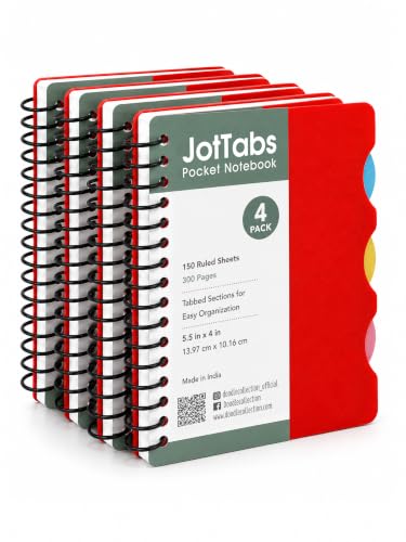 Image of DOODLE Set of 4 Pocket 5 Subject Notebooks | 300 Pages Each | Spiral Bound Mini Notebook with Color Indexed Tabs | Pocket Journal for School, College, Office & Note Taking