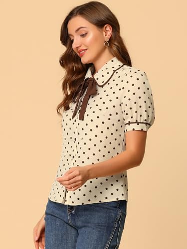 Image of Allegra K Polka Dots Blouse for Women's Peter Pan Collar Bow Tie Neck Puff Sleeve Vintage Shirt Top