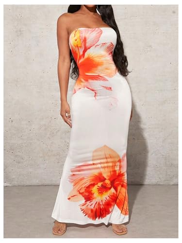 Image of Milumia Women's Boho Floral Maxi Dress Strapless Bodycon Summer Hawaiian Long Dresses with Scarf