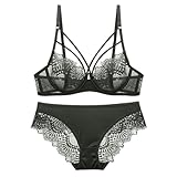 Dessous Damen Sexy Unterwäsche Set Verstellbare Damen-Dessous-Kollektion, schönes, brustdünnes, atmungsaktives, hochwertiges, sexy Spitzen-BH-Set Bh Damen mit Bügel Push Up Sexy Spitze (Green, 42/95C)