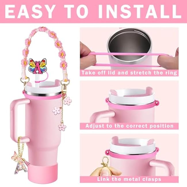 6PCS Cup Accessories Set for Stanley 30oz 40oz, Includes Silicone Initials Straw Cover Cap and Boot, Water Bottle Handle Strap, Rubber Cup Ring, Alphabet Handle Charm, Keychain Charm. (E)