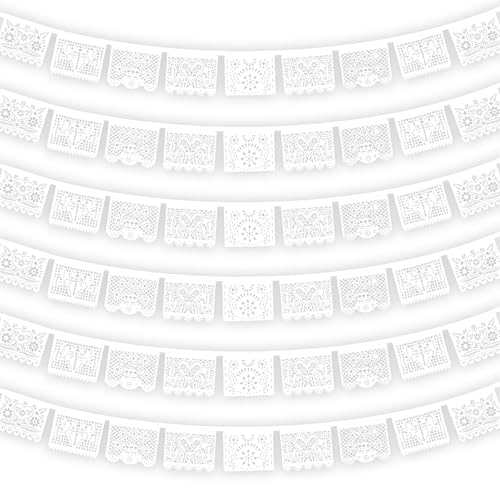 White Papel Picado Banner - 6 Packs 108Ft Plastic Mexican Wedding Decor Fiesta Party Decorations for Cinco de Mayo Baby Shower Dia de Los Muertos Cielito Lindo Theme All White Party Decor