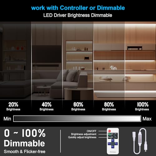 Image of COB Led Strip Lights, 16.5ft /5M Warm 3000K LED Strip Lighting, Cuttable Led Light Strip DC24V 512LEDS /M CRI 90Flexible Uniform Led Lights for Home,decr Lighting (Adapter,Controller Included)