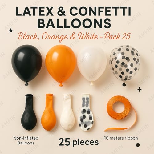 Image of AMFIN (Pack of 25) Orange, Black, White & Black Confetti Balloons with Orange Ribbon | Party Decoration Balloons for Halloween, Birthday, Anniversary, Baby Shower & Events